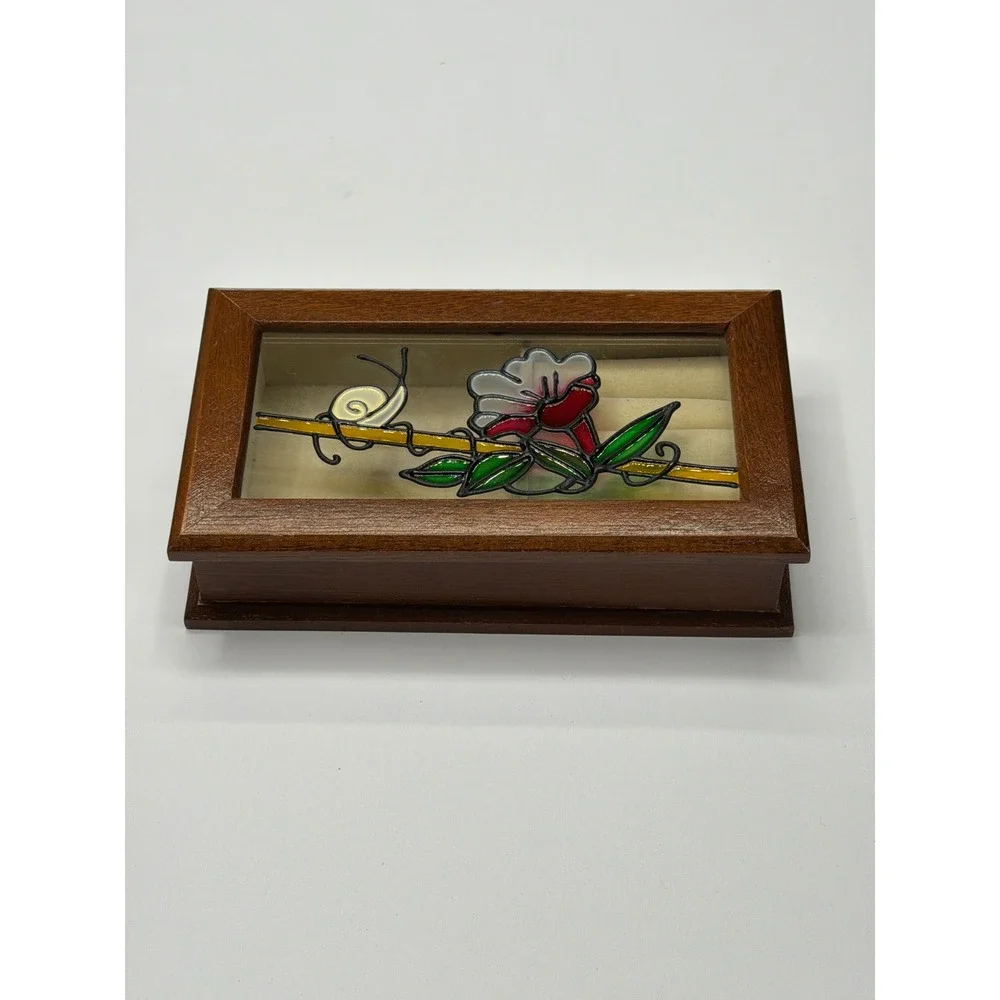 Kellerman Jewel Chest Wooden Hinged Lid Stained Glass Snail‎ Flower Art 0774